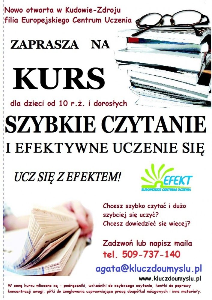 Szybkie czytanie i efektywne uczenie się - filia Europejskiego Centrum Uczenia w Kudowie-Zdroju